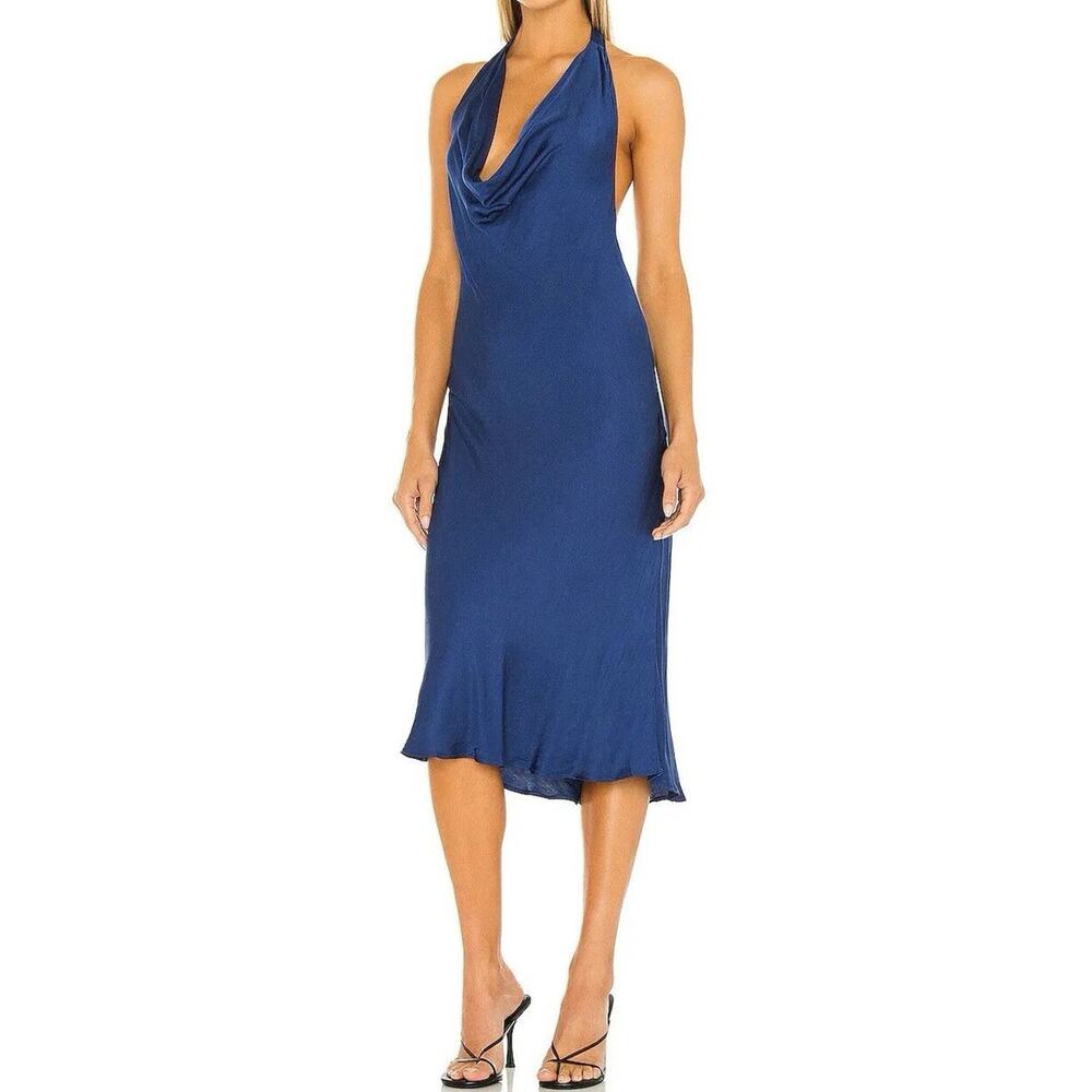 Young Fabulous & Broke Rebel Satin Halter Dress Jewel Blue Midi Pullover Size XS